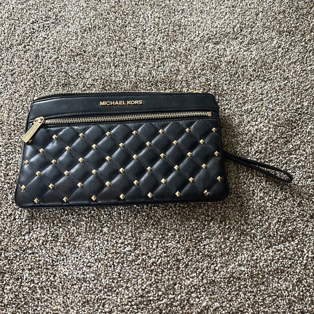 black and gold michael kors quilted leather clutch new